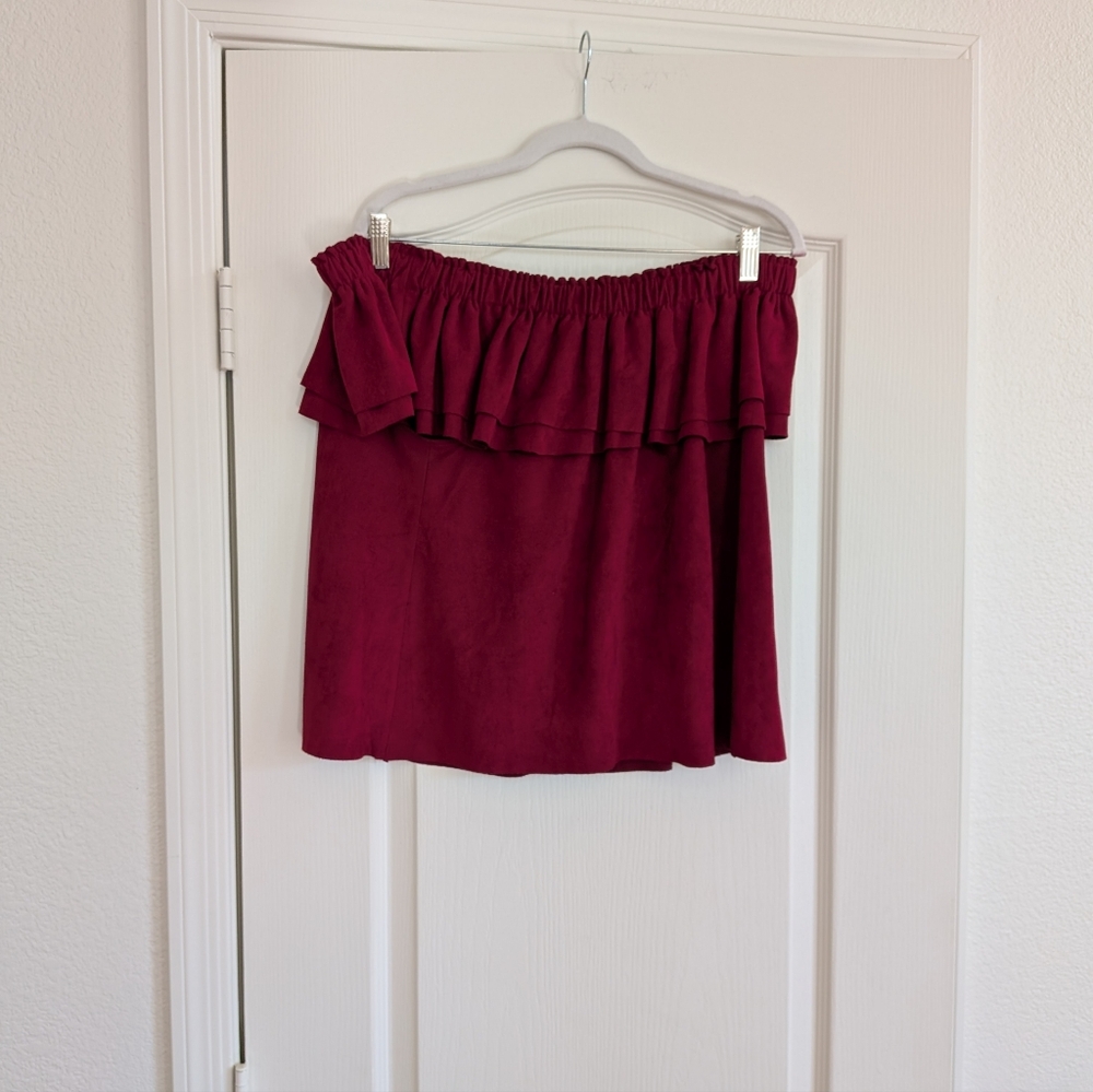 Young Fabulous & Broke burgundy faux suede off-the-shoulder ruffle top (Large)